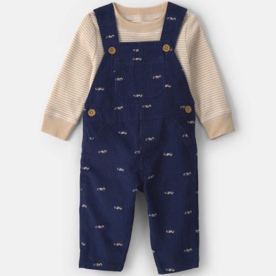 Baby Boy 2-Piece Car Corduroy Long-Sleeve Overall Set - Navy Blue/Cream