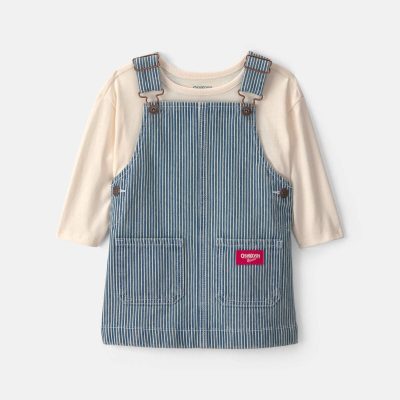 Baby Girl 2-Piece Hickory Denim Long-Sleeve Overall Set - Light Wash