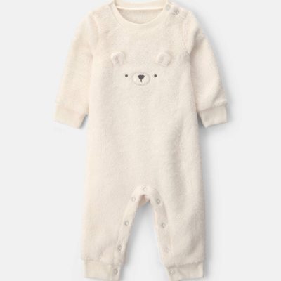 Baby Girl Bear Velvety Long-Sleeve Jumpsuit - Cream