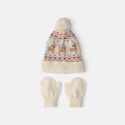 Baby 2-Piece Fair Isle Christmas Beanie & Glove Set - Cream
