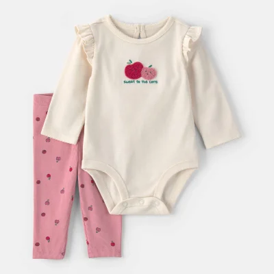 Baby Girl 2-Piece Apple Long-Sleeve Bodysuit & Pant Set - Cream/Pink