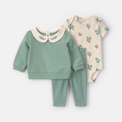 Baby Girl 3-Piece Floral French Terry Layering Set - Green