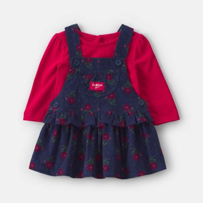 Baby Girl 2-Piece Floral Corduroy Long-Sleeve Dress Set - Navy Blue