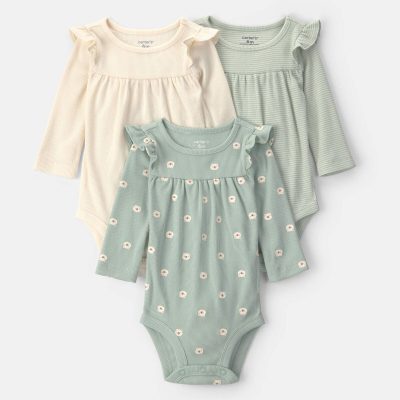 Baby Girl 3-Pack Bear Long-Sleeve Multipack Bodysuits - Cream/Green