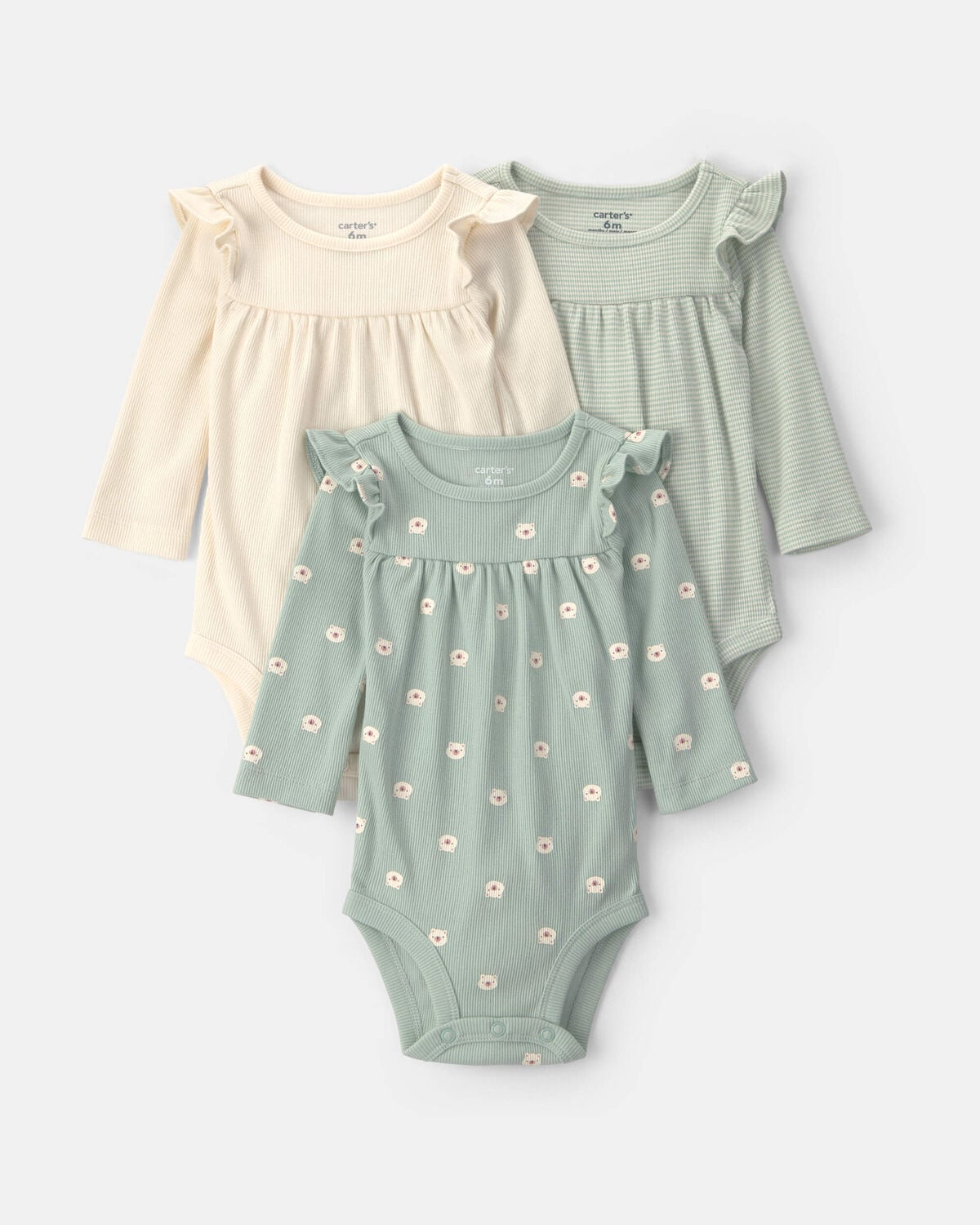 Baby Girl 3-Pack Bear Long-Sleeve Multipack Bodysuits - Cream/Green
