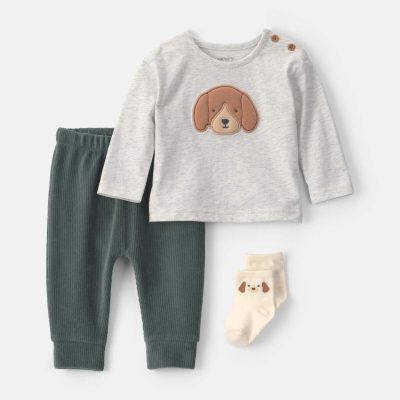 Baby Boy 3-Piece Dog Long-Sleeve Top & Pant Set - Green/Grey