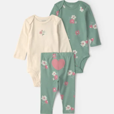 Baby Girl 3-Piece Heart Floral Long-Sleeve Bodysuit & Pant Set - Green/Cream
