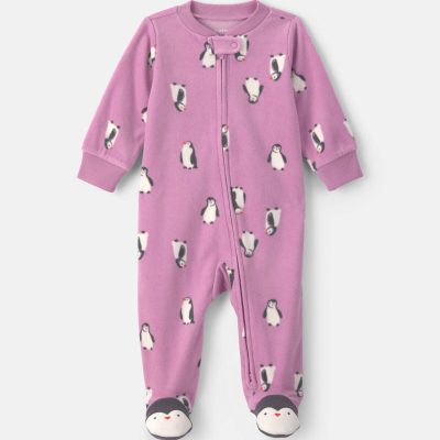 Baby Girl Penguin Fleece 2-Way Zip Sleep & Play Pajamas - Purple