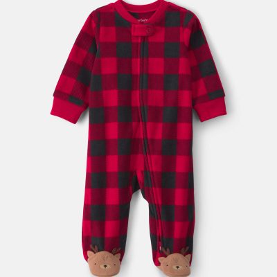 Baby Buffalo Check Fleece 2-Way Zip Sleep & Play Pajamas - Red/Black