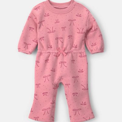 Baby Girl Bow Fleece Long-Sleeve Jumpsuit - Pink