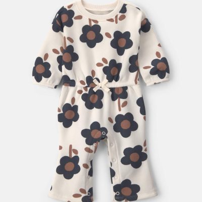 Baby Girl Floral Fleece Long-Sleeve Jumpsuit - Cream/Black/Brown