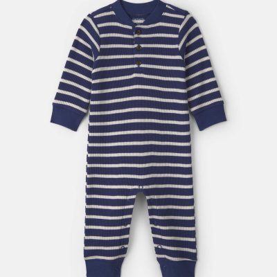 Baby Boy Striped Thermal Long-Sleeve Jumpsuit - Navy Blue