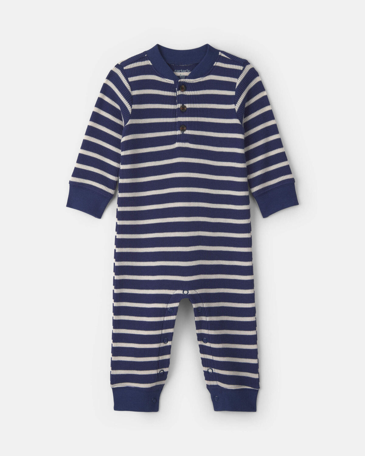 Baby Boy Striped Thermal Long-Sleeve Jumpsuit - Navy Blue