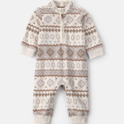 Baby Boy Fair Isle Fleece Long-Sleeve Jumpsuit - Cream/Grey