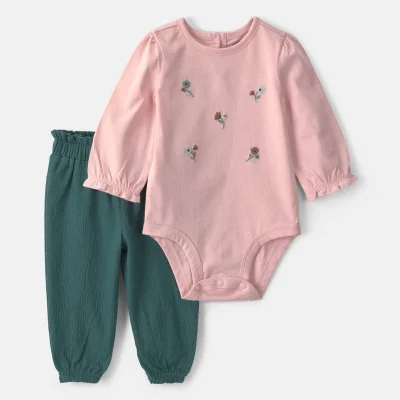 Baby Girl 2-Piece Floral Long-Sleeve Bodysuit & Pant Set - Pink/Green