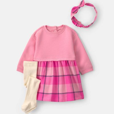 Baby Girl 3-Piece Buffalo Check Flannel Long-Sleeve Dress Set - Pink