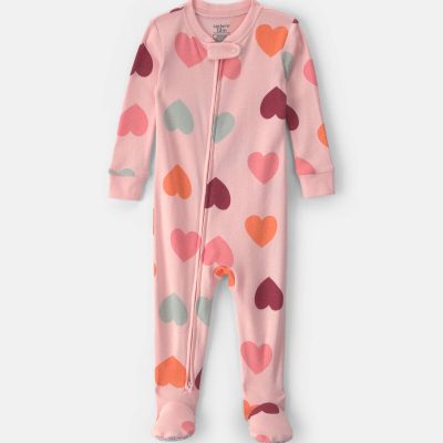 Baby Girl 1-Piece Heart 2-Way Zip 100% Cotton Snug Fit Footed Pajama - Pink