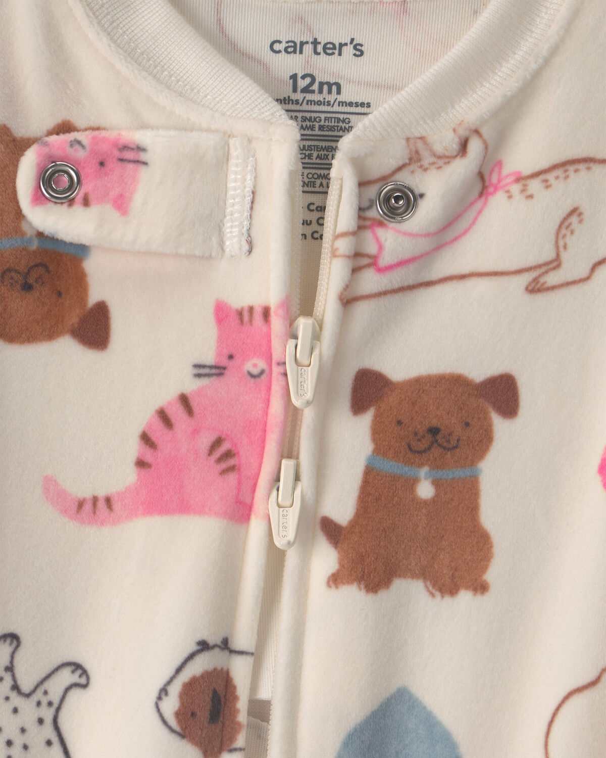 Baby Girl 1-Piece Pets 2-Way Zip DreamPlush Snug Fit Footed Pajama - Cream - Image 4