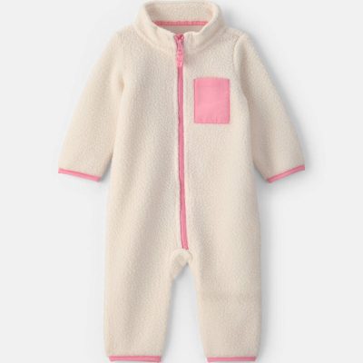 Baby Girl Color Block Fleece Long-Sleeve Jumpsuit - Cream/Pink