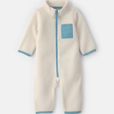 Baby Boy Color Block Fleece Long-Sleeve Jumpsuit - Cream/Blue