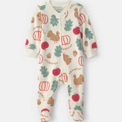 Baby Thanksgiving 100% Cotton 2-Way Zip Sleep & Play Pajamas - Cream