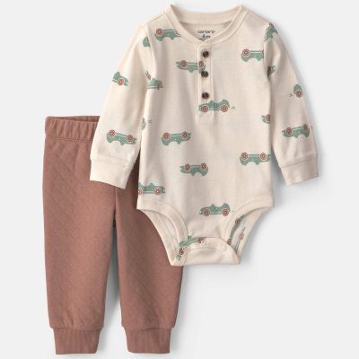 Baby Boy 2-Piece Car Long-Sleeve Bodysuit & Pant Set - Brown/Cream