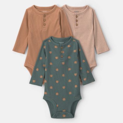 Baby Boy 3-Pack Dog Striped Long-Sleeve Multipack Bodysuits - Brown/Green