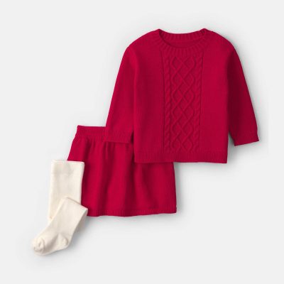 Baby Girl 3-Piece Long-Sleeve Sweater Dress Set - Red