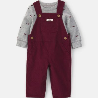 Baby Boy 2-Piece Holiday Corduroy Long-Sleeve Overall Set - Burgundy/Grey