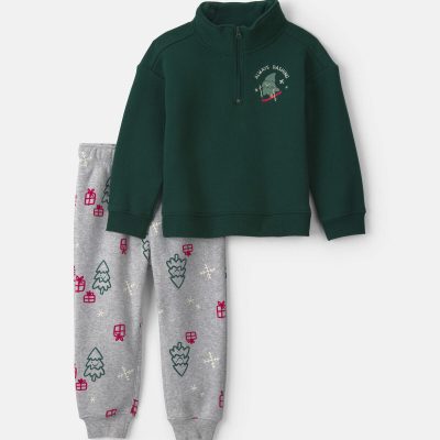 Baby Boy 2-Piece Christmas Ski Fleece Top & Pant Set - Green/Grey