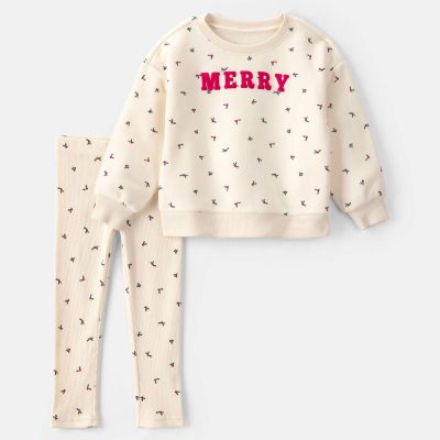 Baby Girl 2-Piece 'Merry' Fleece Long-Sleeve Top & Pant Set - Cream