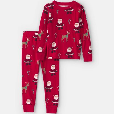 Baby 2-Piece Beige Santa Christmas 100% Cotton Snug Fit Pajama Set - Red