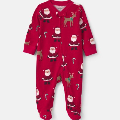 Baby Beige Santa Christmas 100% Cotton 2-Way Zip Sleep & Play Pajamas - Red