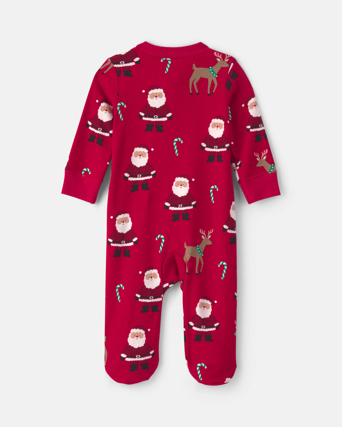 Baby Beige Santa Christmas 100% Cotton 2-Way Zip Sleep & Play Pajamas - Red - Image 3