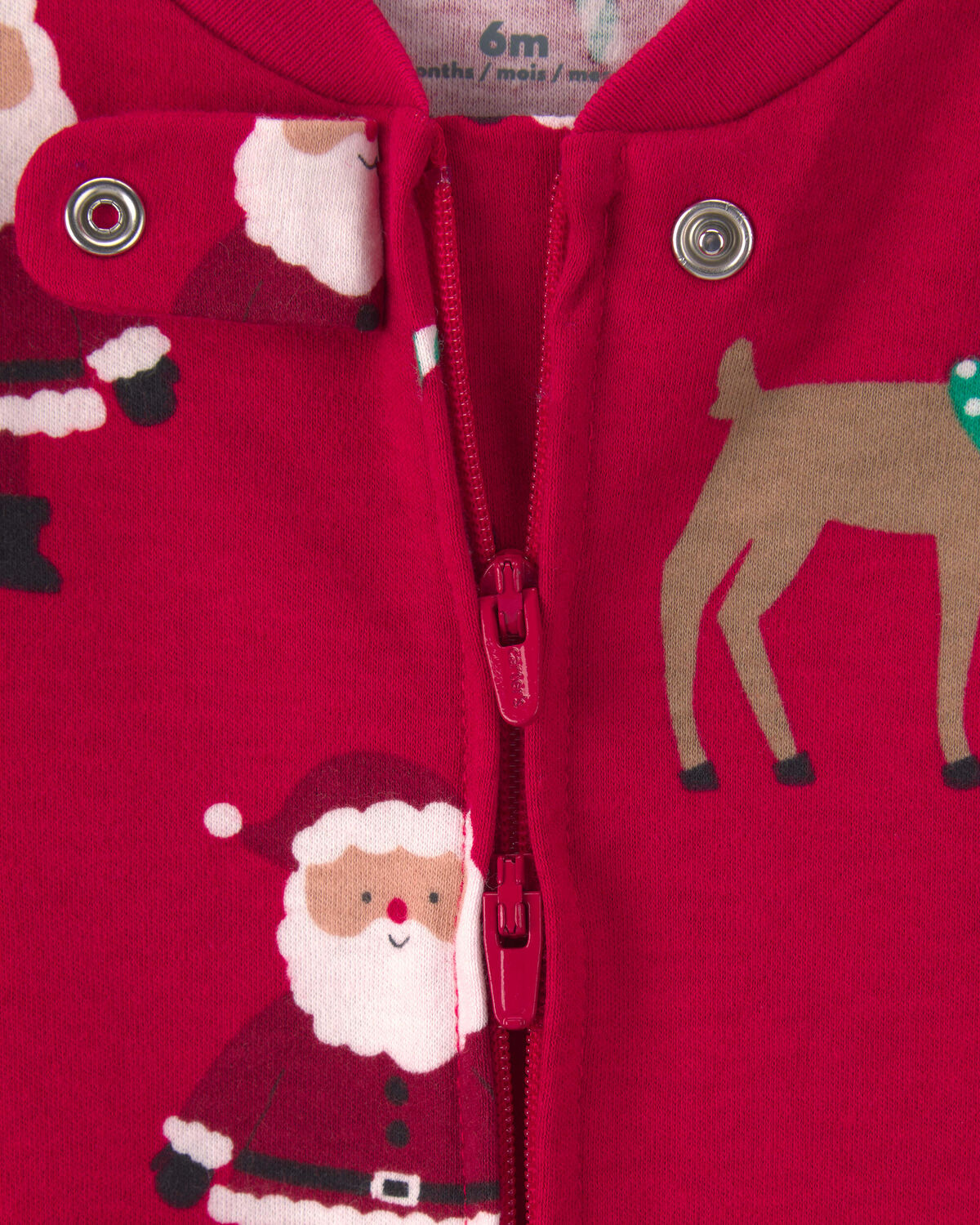 Baby Beige Santa Christmas 100% Cotton 2-Way Zip Sleep & Play Pajamas - Red - Image 4