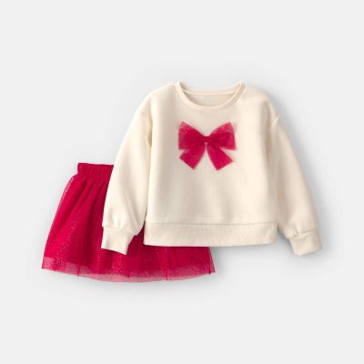 Baby Girl Tulle Bow Fleece Long-Sleeve Top & Skort Set - Cream/Red
