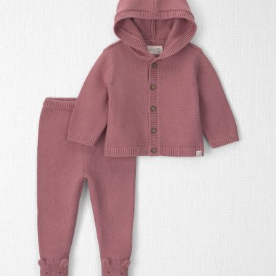 Baby Girl 2-Piece Organic Cotton Sweater Knit Cardigan & Pant Set