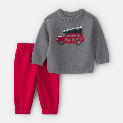 Baby Boy 2-Piece Christmas Tree Car Sweater & Pant Set - Grey/Red