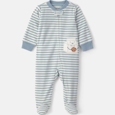 Baby Milk & Cookies Striped Fleece 2-Way Zip Sleep & Play Pajamas - Blue