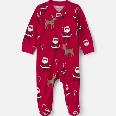 Baby Brown Santa Christmas 100% Cotton 2-Way Zip Sleep & Play Pajamas - Red