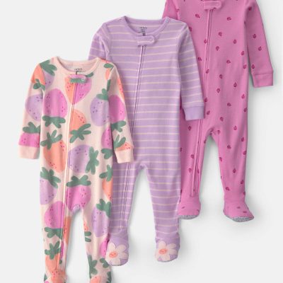 Baby Girl 3-Pack Fruit 100% Cotton 1-Piece Pajama Sets - Pink/Purple