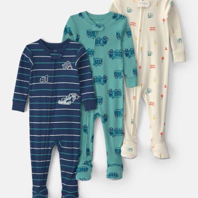 Baby Boy 3-Pack Racecar 100% Cotton 1-Piece Pajama Sets - Green/Blue/Cream