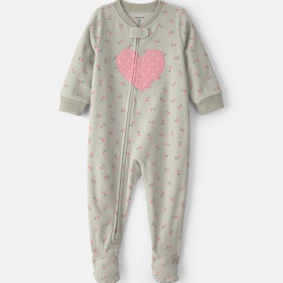 Baby Girl 1-Piece Heart 2-Way Zip Fleece Loose Fit Footed Pajama - Green