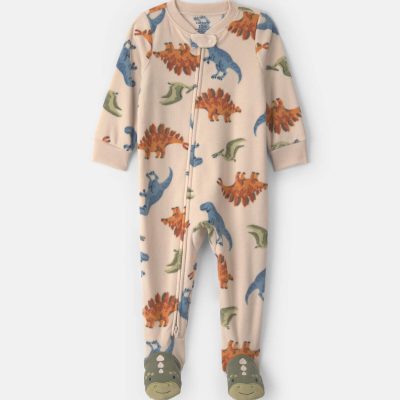 Baby Boy 1-Piece Dino 2-Way Zip Fleece Loose Fit Footed Pajama - Tan