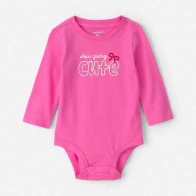 Baby Girl 'She's Giving Cute' Long-Sleeve Graphic Bodysuit - Pink