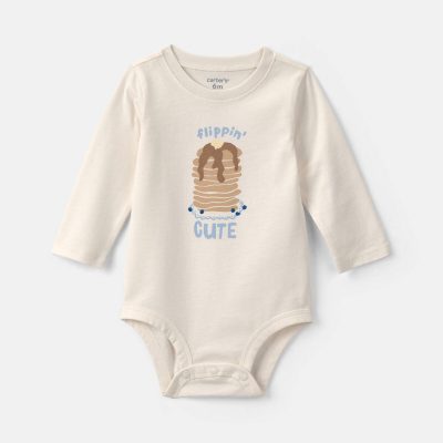 Baby Girl 'Flippin' Cute' Pancake Long-Sleeve Graphic Bodysuit - Cream