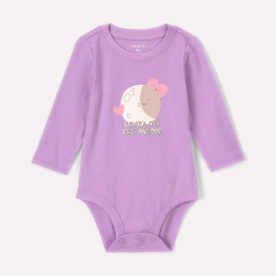 Baby Girl 'Loved To The Moon' Long-Sleeve Graphic Bodysuit - Purple