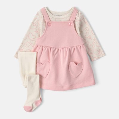 Baby Girl 3-Piece Heart Valentine's Day French Terry Long-Sleeve Dress Set - Pink/Cream