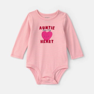 Baby Girl 'Auntie Has My Heart' Striped Long-Sleeve Graphic Bodysuit - Pink