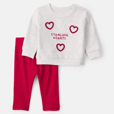 Baby 2-Piece 'Stealing Hearts' Valentine's Day French Terry Top & Pant Set - Red/Grey